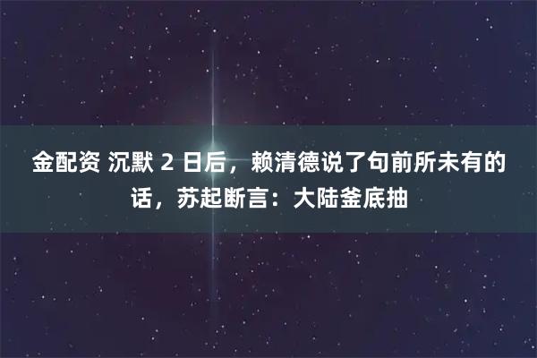 金配资 沉默 2 日后，赖清德说了句前所未有的话，苏起断言：大陆釜底抽